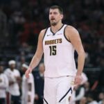 Houston, Texas, USA; Denver Nuggets center Nikola Jokic (15) reaccts after a play during the fourth quarter against the Houston Rockets at Toyota Center. Mandatory Credit: Troy Taormina-Imagn Images