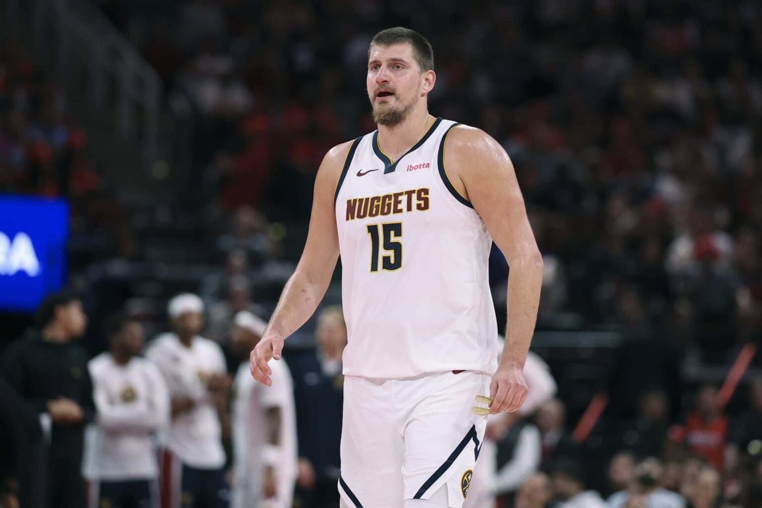 Houston, Texas, USA; Denver Nuggets center Nikola Jokic (15) reaccts after a play during the fourth quarter against the Houston Rockets at Toyota Center. Mandatory Credit: Troy Taormina-Imagn Images