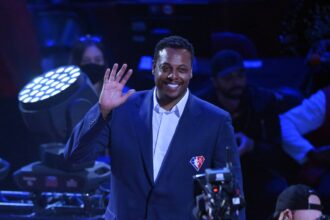 Cleveland, Ohio, USA; Paul Pierce is honored during halftime in the 2022 NBA All-Star Game at Rocket Mortgage FieldHouse. Mandatory Credit: David Richard-Imagn Images
