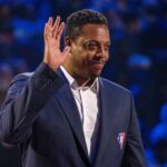 Cleveland, Ohio, USA; NBA great Paul Pierce is honored for being selected to the NBA 75th Anniversary Team during halftime in the 2022 NBA All-Star Game at Rocket Mortgage FieldHouse. Mandatory Credit: Kyle Terada-Imagn Images