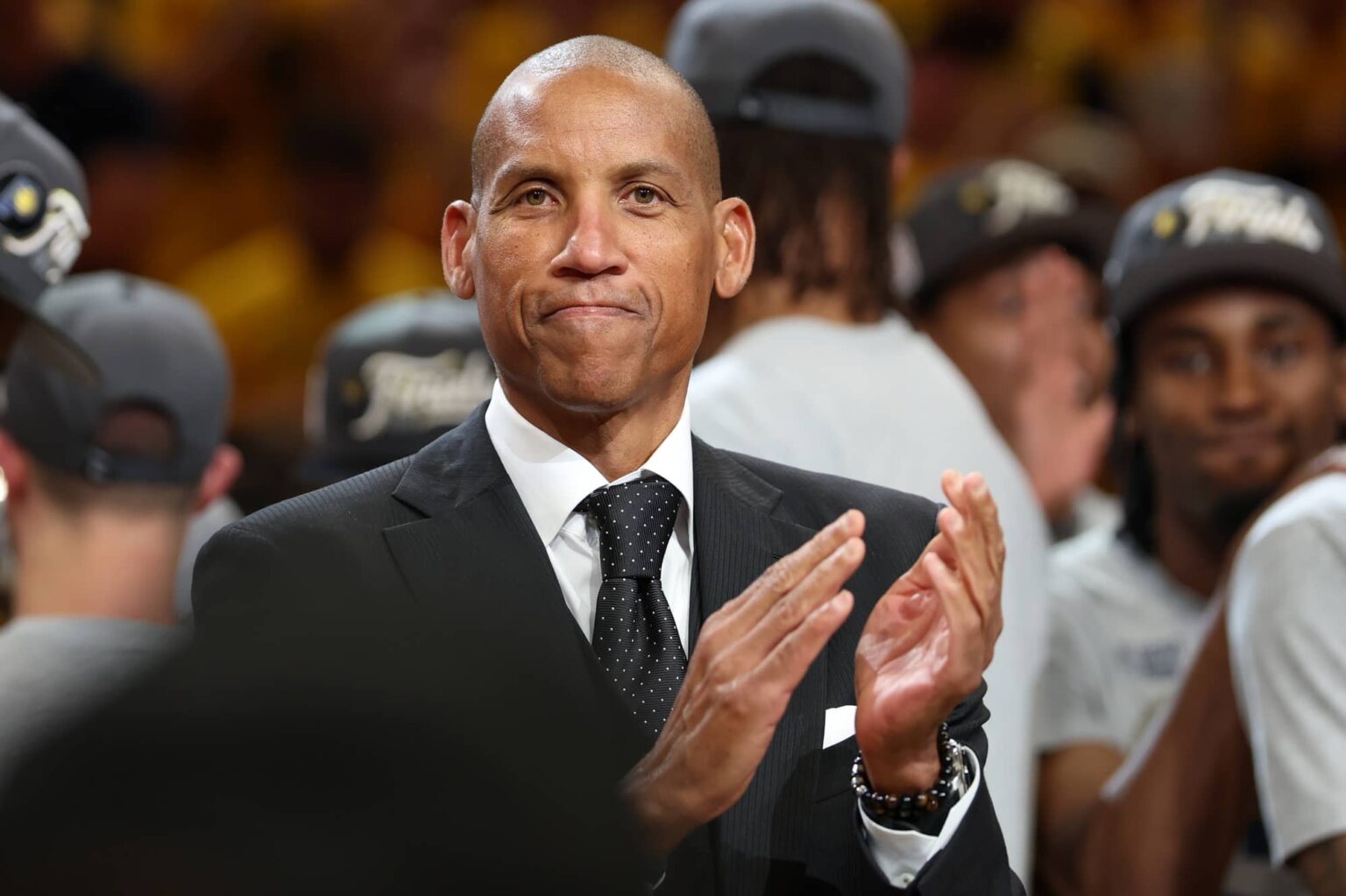 Indianapolis, Indiana, USA; Reggie Miller is seen after game six of the eastern conference finals between the Indiana Pacers and the New York Knicks for the 2025 NBA Playoffs at Gainbridge Fieldhouse. Mandatory Credit: Trevor Ruszkowski-Imagn Images