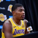 Los Angeles, CA, USA; Los Angeles Lakers forward Rui Hachimura (28) during media day at UCLA Health Training Center. Mandatory Credit: Gary A. Vasquez-Imagn Images