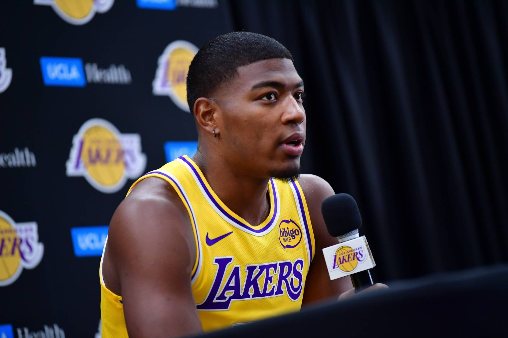 Los Angeles, CA, USA; Los Angeles Lakers forward Rui Hachimura (28) during media day at UCLA Health Training Center. Mandatory Credit: Gary A. Vasquez-Imagn Images