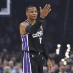 Oklahoma City, Oklahoma, USA; Sacramento Kings guard Russell Westbrook (18) gestures after scoring a three point basket against Oklahoma City Thunder during the first quarter at Paycom Center. Mandatory Credit: Alonzo Adams-Imagn Images
