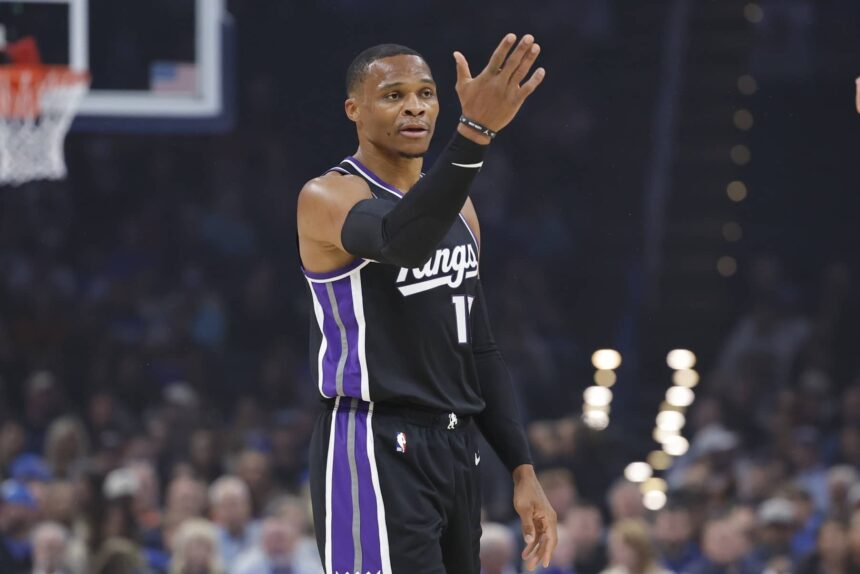 Oklahoma City, Oklahoma, USA; Sacramento Kings guard Russell Westbrook (18) gestures after scoring a three point basket against Oklahoma City Thunder during the first quarter at Paycom Center. Mandatory Credit: Alonzo Adams-Imagn Images