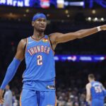 Oklahoma City, Oklahoma, USA; Oklahoma City Thunder guard Shai Gilgeous-Alexander (2) gestures to his team before a play against the Portland Trail Blazers during the second quarter at Paycom Center. Mandatory Credit: Alonzo Adams-Imagn Images