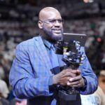 Minneapolis, Minnesota, USA; Shaquille O'Neal looks on during halftime between the Minnesota Timberwolves and the Dallas Mavericks during Game 2 of the Western Conference Finals in the 2024 NBA playoffs at Target Center. Mandatory Credit: Brad Rempel-Imagn Images