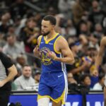 San Antonio, Texas, USA; Golden State Warriors guard Stephen Curry (30) reacts after scoring a three-point basket during the second half against the San Antonio Spurs at Frost Bank Center. Mandatory Credit: Scott Wachter-Imagn