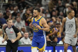 San Antonio, Texas, USA; Golden State Warriors guard Stephen Curry (30) reacts after scoring a three-point basket during the second half against the San Antonio Spurs at Frost Bank Center. Mandatory Credit: Scott Wachter-Imagn