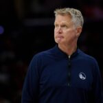 New Orleans, Louisiana, USA; Golden State Warriors head coach Steve Kerr reacts during the first half against the New Orleans Pelicans at Smoothie King Center. Mandatory Credit: Matthew Hinton-Imagn Images