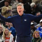 Milwaukee, Wisconsin, USA; Golden State Warriors head coach Steve Kerr reacts in the 3rd quarter against the Milwaukee Bucks at Fiserv Forum. Mandatory Credit: Benny Sieu-Imagn Images