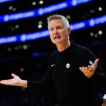 Los Angeles, California, USA; Golden State Warriors head coach Steve Kerr reacts during the first half against the Los Angeles Lakers at Crypto.com Arena. Mandatory Credit: William Liang-Imagn Images
