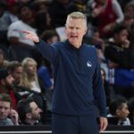 Portland, Oregon, USA; Golden State Warriors Head Coach Steve Kerr questions a referee during the first half against the Portland Trail Blazers at Moda Center. Mandatory Credit: Troy Wayrynen-Imagn Images