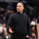 Inglewood, California, USA; Los Angeles Clippers Head Coach Tyronn Lue challenges a call during the first half against the Memphis Grizzlies at Intuit Dome. Mandatory Credit: Kiyoshi Mio-Imagn Images