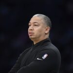 Charlotte, North Carolina, USA; Los Angeles Clippers head coach Tyronn Lue looks on during the first half against the Charlotte Hornets at the Spectrum Center. Mandatory Credit: Sam Sharpe-Imagn Images