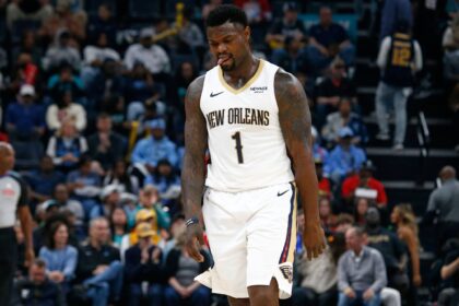 Memphis, Tennessee, USA; New Orleans Pelicans forward Zion Williamson (1) reacts during the first quarter against the Memphis Grizzlies at FedExForum. Mandatory Credit: Petre Thomas-Imagn Images
