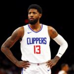 Apr 9, 2024; Phoenix, Arizona, USA; LA Clippers forward Paul George (13) looks on during the first quarter of the game against the Phoenix Suns at Footprint Center. Mandatory Credit: Mark J. Rebilas-Imagn Images