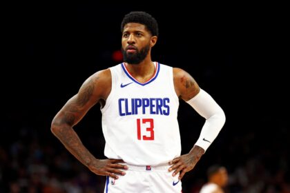 Apr 9, 2024; Phoenix, Arizona, USA; LA Clippers forward Paul George (13) looks on during the first quarter of the game against the Phoenix Suns at Footprint Center. Mandatory Credit: Mark J. Rebilas-Imagn Images