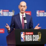 NBA commissioner Adam Silver speaks during press conference at the Emirates NBA Cup Final at T-Mobile Arena.