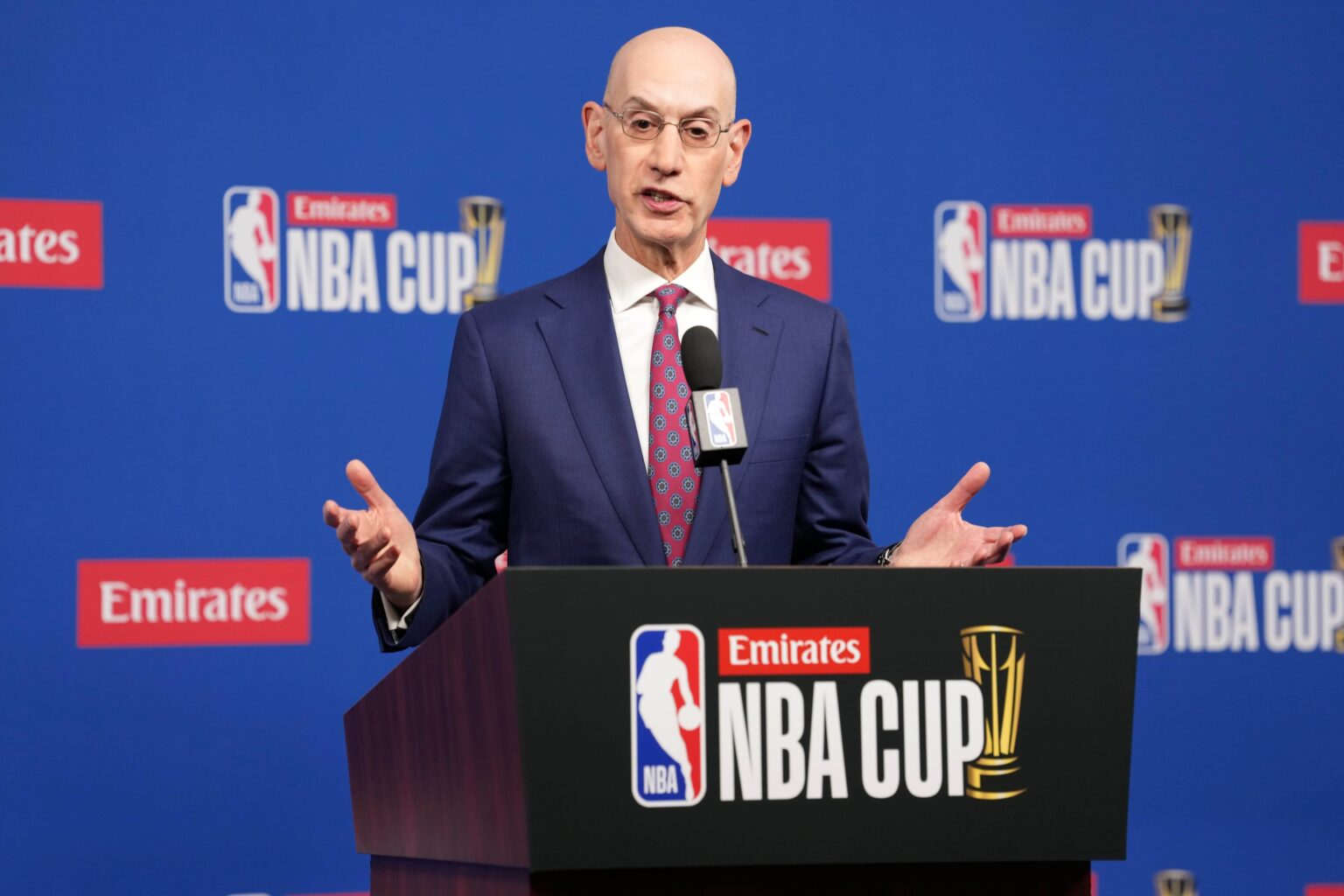 NBA commissioner Adam Silver speaks during press conference at the Emirates NBA Cup Final at T-Mobile Arena.