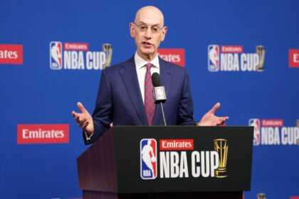 NBA commissioner Adam Silver speaks during press conference at the Emirates NBA Cup Final at T-Mobile Arena.