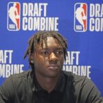 May 14, 2025; Chicago, Il, USA; Adou Thiero talks to the media during the 2025 NBA Draft Combine at Marriott Marquis Chicago. Mandatory Credit: David Banks-Imagn Images