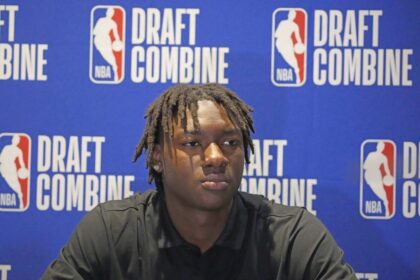 May 14, 2025; Chicago, Il, USA; Adou Thiero talks to the media during the 2025 NBA Draft Combine at Marriott Marquis Chicago. Mandatory Credit: David Banks-Imagn Images