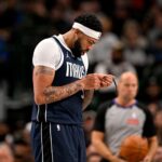 Dec 18, 2025; Dallas, Texas, USA; Dallas Mavericks forward Anthony Davis (3) adjusts his glasses during the second half against the Detroit Pistons at the American Airlines Center. Mandatory Credit: Jerome Miron-Imagn Images