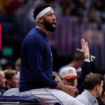 Dec 1, 2025; Denver, Colorado, USA; Dallas Mavericks forward Anthony Davis (3) reacts from the sideline in the second quarter against the Denver Nuggets at Ball Arena. Mandatory Credit: Isaiah J. Downing-Imagn Images