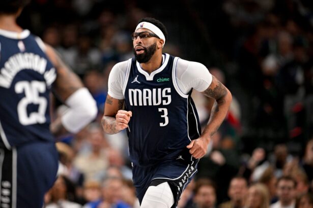 Dec 12, 2025; Dallas, Texas, USA; Dallas Mavericks forward Anthony Davis (3) runs back up the court during the game between the Mavericks and the Nets at the American Airlines Center. Mandatory Credit: Jerome Miron-Imagn Images