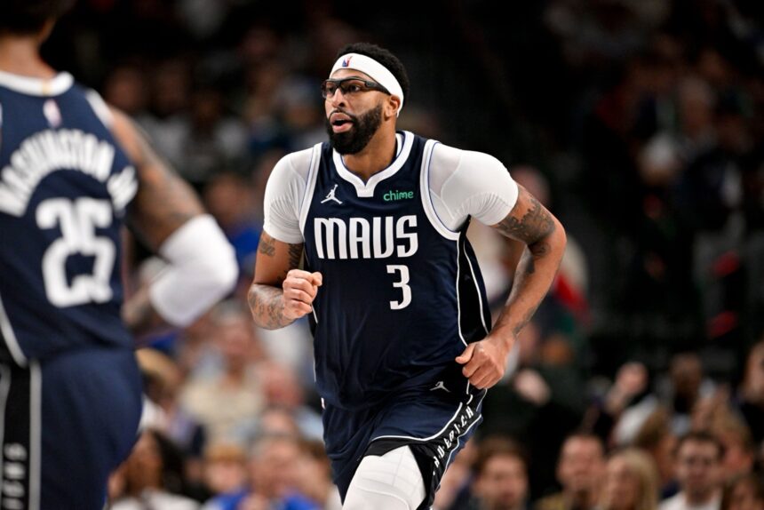 Dec 12, 2025; Dallas, Texas, USA; Dallas Mavericks forward Anthony Davis (3) runs back up the court during the game between the Mavericks and the Nets at the American Airlines Center. Mandatory Credit: Jerome Miron-Imagn Images