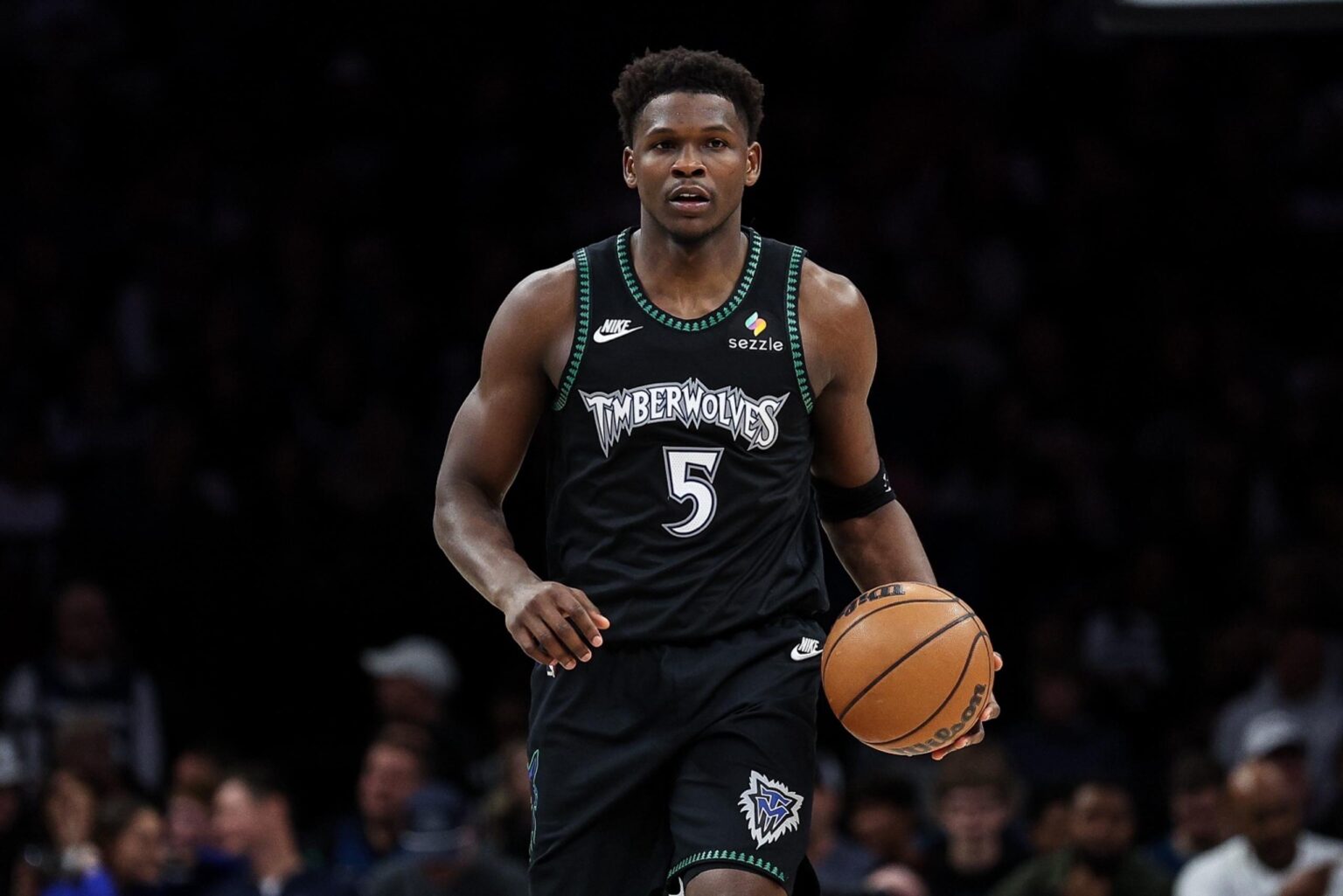 Nov 30, 2025; Minneapolis, Minnesota, USA; Minnesota Timberwolves guard Anthony Edwards (5) dribbles the ball against the San Antonio Spurs during the second half at Target Center. Mandatory Credit: Matt Krohn-Imagn Images