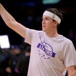 Dec 10, 2025; Los Angeles, California, USA; Los Angeles Lakers guard Austin Reaves (15) warms up prior to the game against the San Antonio Spurs at Crypto.com Arena. Mandatory Credit: Jayne Kamin-Oncea-Imagn Images