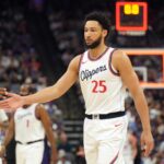 Apr 11, 2025; Sacramento, California, USA; Los Angeles Clippers guard Ben Simmons (25) at the end of the first quarter against the Sacramento Kings at Golden 1 Center. Mandatory Credit: Darren Yamashita-Imagn Images