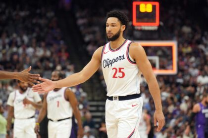 Apr 11, 2025; Sacramento, California, USA; Los Angeles Clippers guard Ben Simmons (25) at the end of the first quarter against the Sacramento Kings at Golden 1 Center. Mandatory Credit: Darren Yamashita-Imagn Images