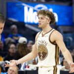 Nov 29, 2025; San Francisco, California, USA; Golden State Warriors guard Brandin Podziemski (2) reacts during the third quarter against the New Orleans Pelicans at Chase Center. Mandatory Credit: John Hefti-Imagn Images