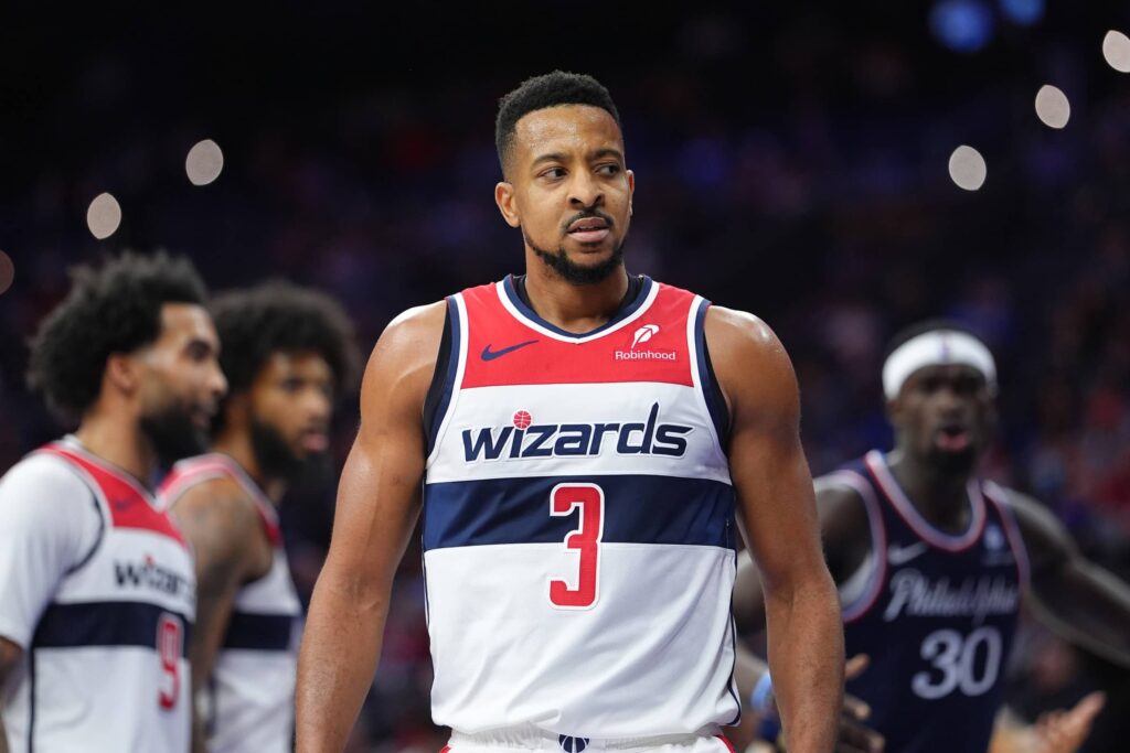 Dec 2, 2025; Philadelphia, Pennsylvania, USA; Washington Wizards guard CJ McCollum (3) reacts against the Philadelphia 76ers in the third quarter at Xfinity Mobile Arena. Mandatory Credit: Kyle Ross-Imagn Images
