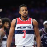 Dec 2, 2025; Philadelphia, Pennsylvania, USA; Washington Wizards guard CJ McCollum (3) reacts against the Philadelphia 76ers in the third quarter at Xfinity Mobile Arena. Mandatory Credit: Kyle Ross-Imagn Images