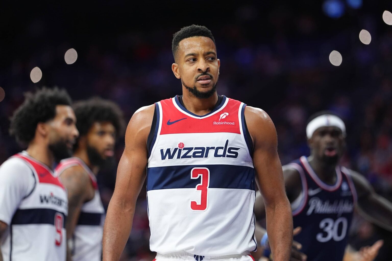 Dec 2, 2025; Philadelphia, Pennsylvania, USA; Washington Wizards guard CJ McCollum (3) reacts against the Philadelphia 76ers in the third quarter at Xfinity Mobile Arena. Mandatory Credit: Kyle Ross-Imagn Images