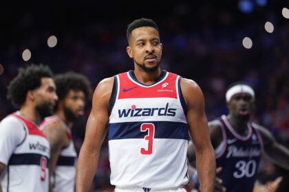 Dec 2, 2025; Philadelphia, Pennsylvania, USA; Washington Wizards guard CJ McCollum (3) reacts against the Philadelphia 76ers in the third quarter at Xfinity Mobile Arena. Mandatory Credit: Kyle Ross-Imagn Images