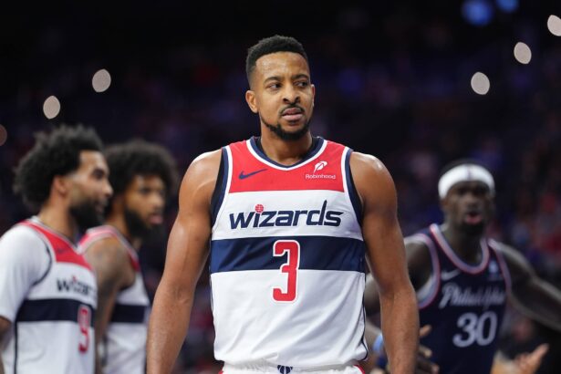 Dec 2, 2025; Philadelphia, Pennsylvania, USA; Washington Wizards guard CJ McCollum (3) reacts against the Philadelphia 76ers in the third quarter at Xfinity Mobile Arena. Mandatory Credit: Kyle Ross-Imagn Images