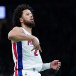 Nov 26, 2025; Boston, Massachusetts, USA; Detroit Pistons guard Cade Cunningham (2) reacts after his three point basket against the Boston Celtics in the first half at TD Garden. Mandatory Credit: David Butler II-Imagn Images