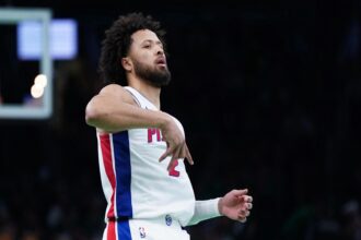 Nov 26, 2025; Boston, Massachusetts, USA; Detroit Pistons guard Cade Cunningham (2) reacts after his three point basket against the Boston Celtics in the first half at TD Garden. Mandatory Credit: David Butler II-Imagn Images