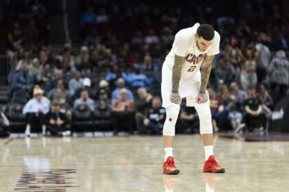 Dec 19, 2025; Cleveland, Ohio, USA; Cleveland Cavaliers guard Lonzo Ball (2) stands back during free throws by the Chicago Bulls during the fourth quarter at Rocket Arena. Mandatory Credit: Scott Galvin-Imagn Images