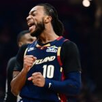 Dec 6, 2025; Cleveland, Ohio, USA; Cleveland Cavaliers guard Darius Garland (10) reacts after a misse basket against the Golden State Warriors during the first half at Rocket Arena. Mandatory Credit: Ken Blaze-Imagn Images