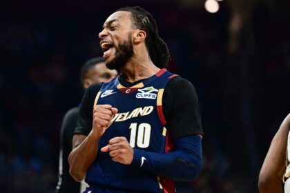 Dec 6, 2025; Cleveland, Ohio, USA; Cleveland Cavaliers guard Darius Garland (10) reacts after a misse basket against the Golden State Warriors during the first half at Rocket Arena. Mandatory Credit: Ken Blaze-Imagn Images