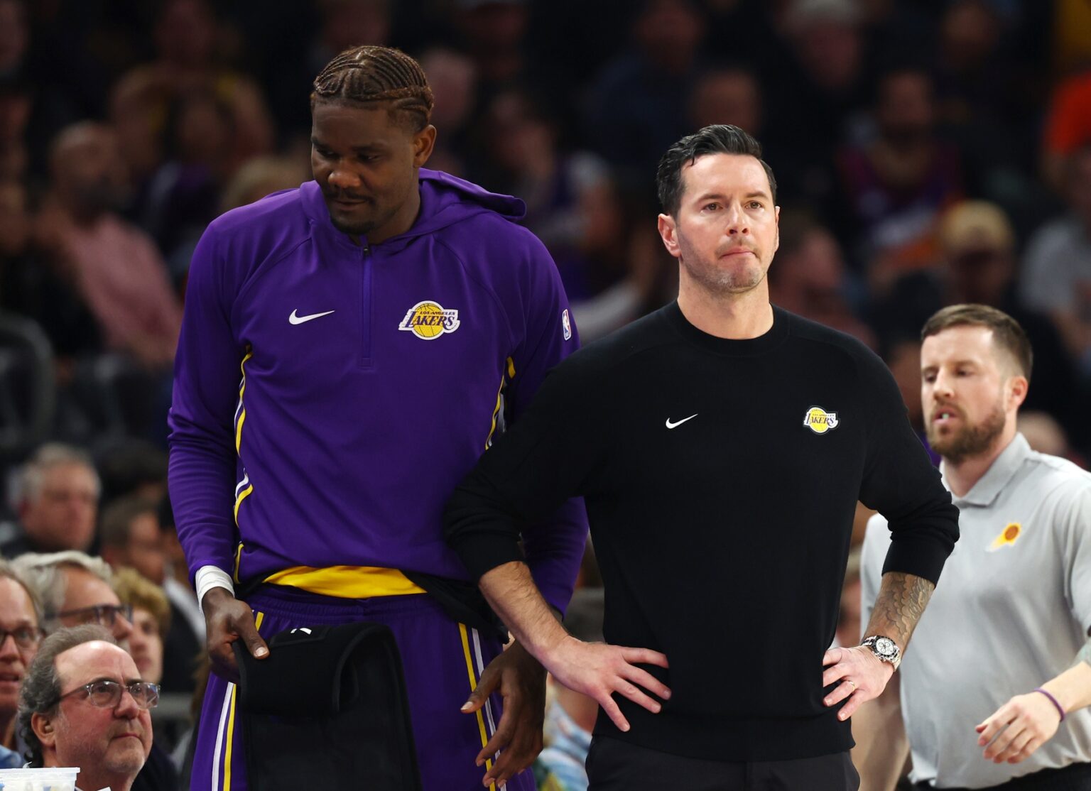 Dec 23, 2025; Phoenix, Arizona, USA; Los Angeles Lakers center Deandre Ayton (left) and head coach JJ Redick against the Phoenix Suns at Mortgage Matchup Center. Mandatory Credit: Mark J. Rebilas-Imagn Images