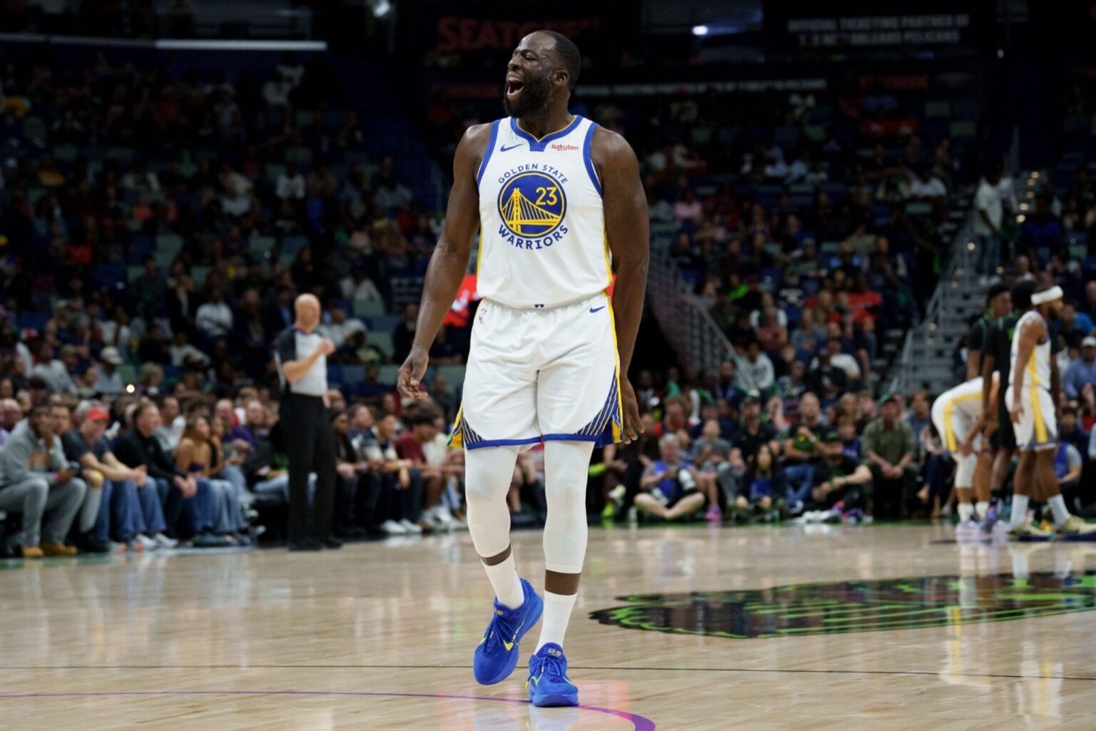 Nov 16, 2025; New Orleans, Louisiana, USA; Golden State Warriors forward Draymond Green (23) shouts “Angel Reese” after missing several shots in a row and rebounding them himself during the first half against the New Orleans Pelicans at Smoothie King Center. Mandatory Credit: Matthew Hinton-Imagn Images