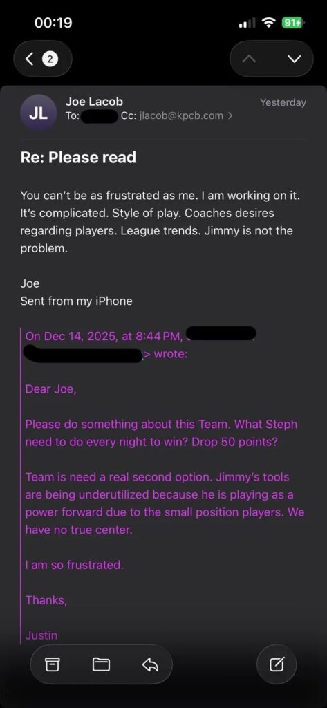 An angry Warriors fan emailed Warriors owner Joe Lacob, and he actually responded