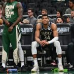 Apr 27, 2025; Milwaukee, Wisconsin, USA; Milwaukee Bucks forward Giannis Antetokounmpo (34) looks on in the final seconds of the game against the Indiana Pacers during game four of first round for the 2024 NBA Playoffs at Fiserv Forum. Mandatory Credit: Benny Sieu-Imagn Images